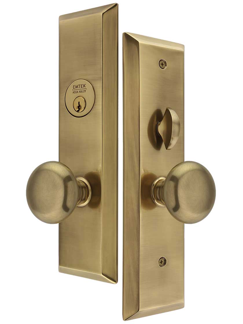 Harrison Mortise Entry Set with Providence Knobs Left Handed in Antique Brass.